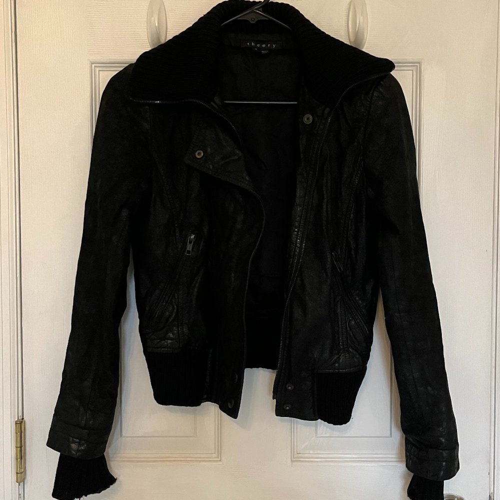Theory Black Leather Jacket with sweater fabric collar and under sleeves